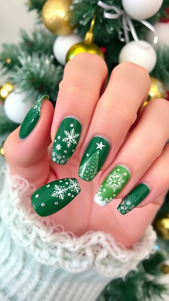 Trendy Green Christmas Nail Designs Trendy green Christmas nails with snowflake and tree designs, decorated with glitter.